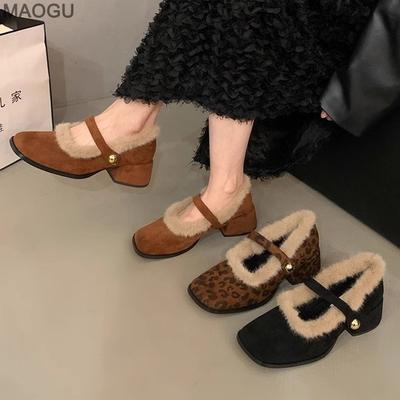 Klobiger Absatz Flauschige Schuhe Damen 2026 Herbst Winter Neu Französisch Retro Quadratische Zehenspitze Leopard Plüsch Mary Jane Schuhe Pelzige Pumps