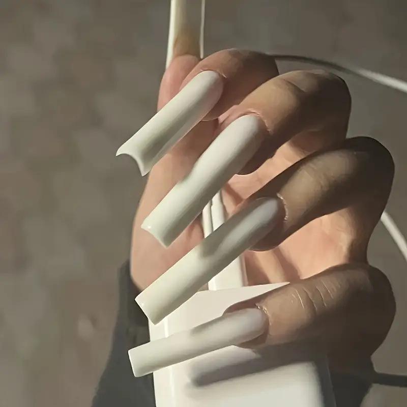 24pcs Extra Long White Press-On Square Nails with Nail Art Stickers - European and American Style