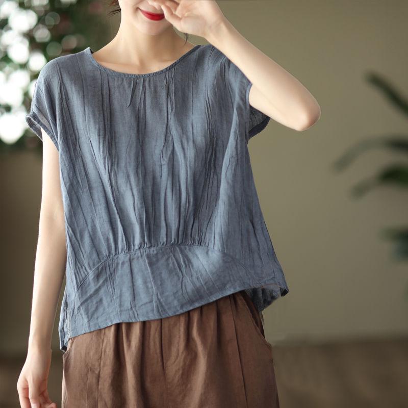 

Women s Stylish Summer 2026 Solid Color Tencel Shirt - Loose Fit, Round Neck, Short Sleeves XL