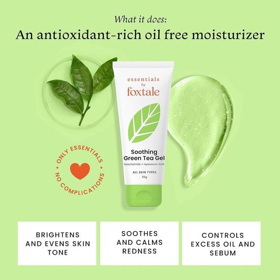 Foxtale Green Tea Oil-Free Gel Moisturizer for Face | Hyaluronic Acid, Niacinamide| Lightweight for Oily, Acne-Prone Skin | Men & Women - 50g