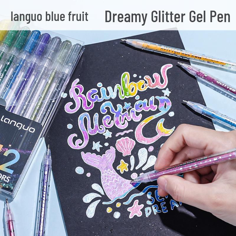 Blue Fruit 12-Color Glitter Gel Pens: Sparkly Neutral Pens for Students, Journals, and Drawings.