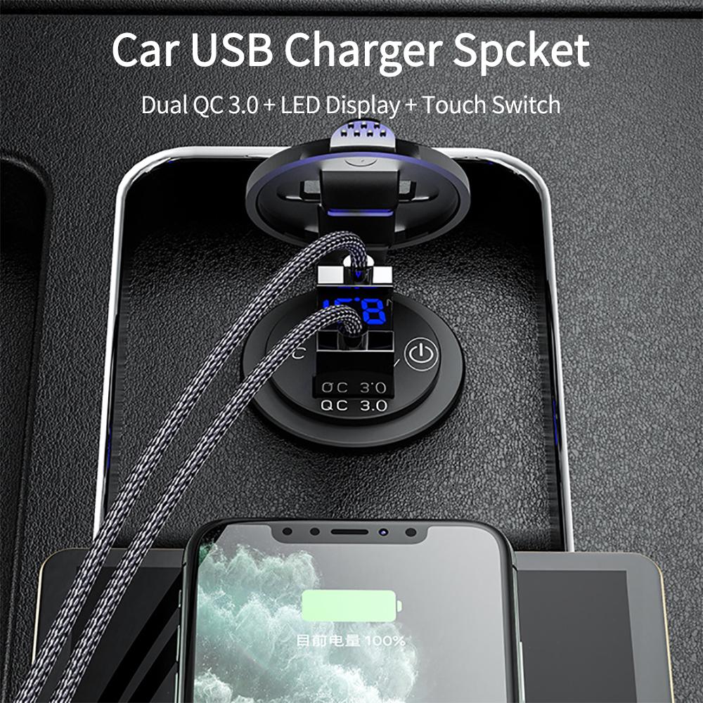 Waterproof Quick Charger QC3.0 Dual USB Car Charger with Switch Button LED Voltage Display for 12V/24V Cars Boats Motorcycle