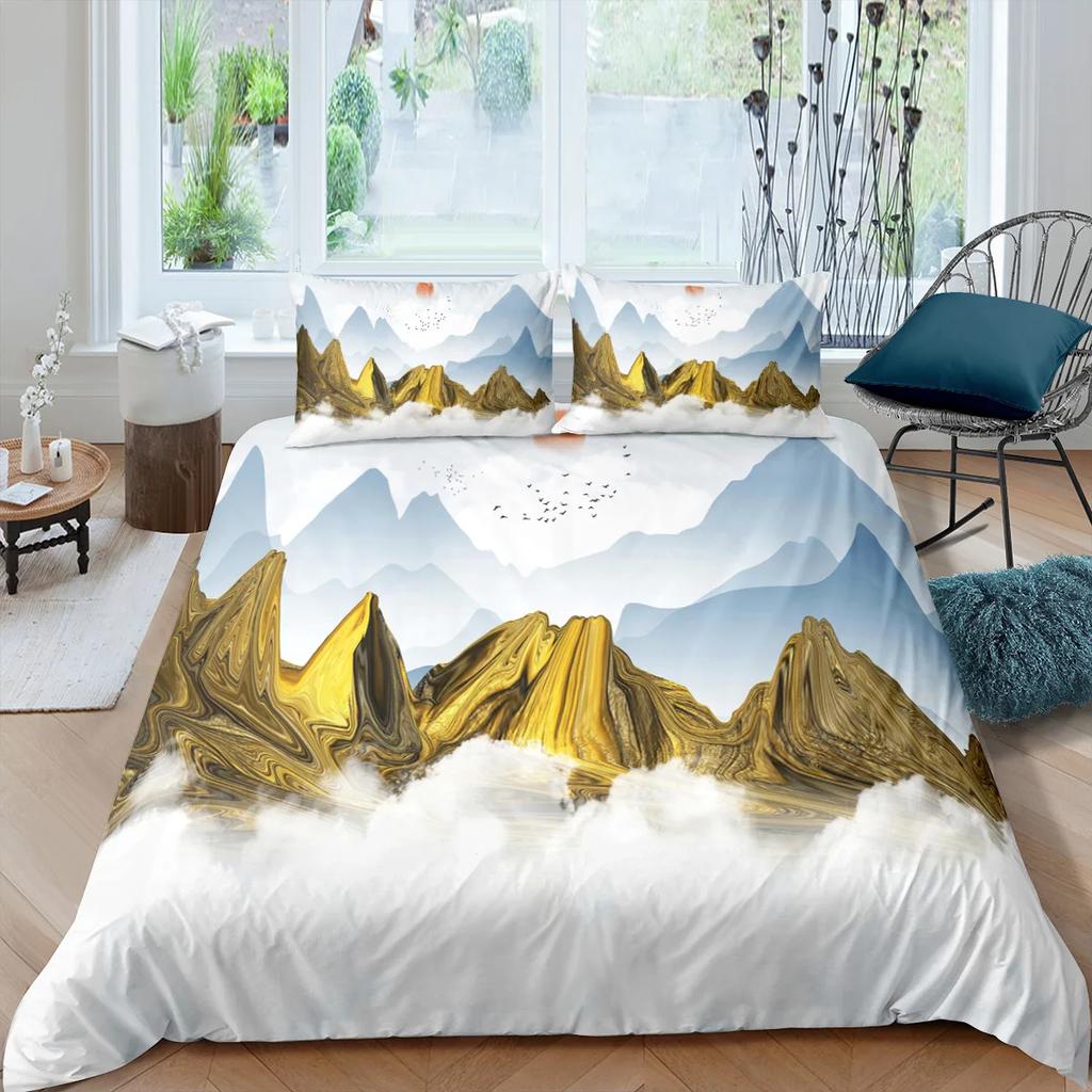 Natural Landscape King Queen Duvet Cover Comic Ink Painting Style Bedding Set Adults Tree Mountain River Polyester Quilt Cover
