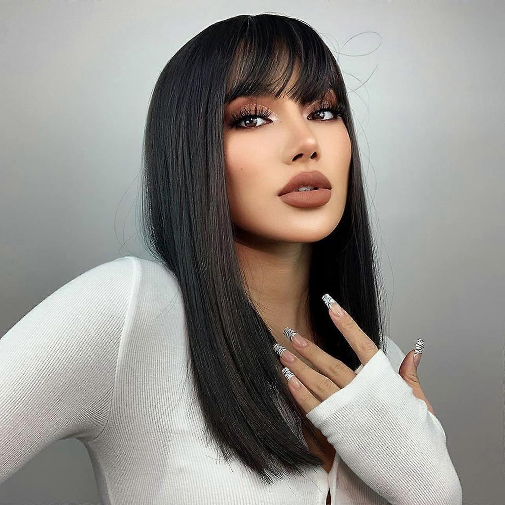 Long Black Wig for Women Black Wig with Bangs Long Straight Black Wig Synthetic