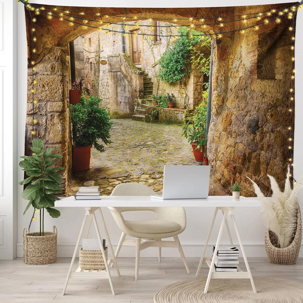 Nature Tapestry Idyllic Village Small Town European Pastoral Scenery Tapestry Wall Hanging Decor for Bedroom Living Room Dorm
