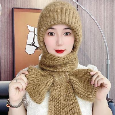 Damen-Winter-Mütze, Schal, verdickt, gestrickt, warm, weich, gemütlich, elastisch, Ohr-Hals-Kopfschutz, winddicht, reine Farbe, Sturmhaube, Halswickel