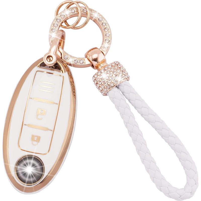 Gold-Rimmed Car Key Set with Diamond Ring Pendant Key Chain