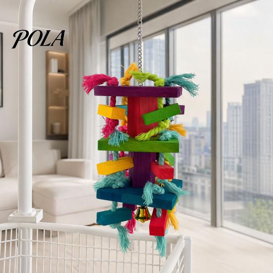 Durable Parrot Toy Chewing for Macaws African Greys, Colorful Wooden Block Puzzle with Medium Chew Cotton Tassels, Hanging Interactive Activity Cage,