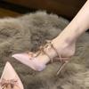 Bow-shaped Rhinestone Pointed-toe High Heels, 2025 Summer New Style One-strap Sandals, French Slippers for Women