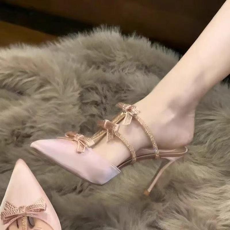 Bow-shaped Rhinestone Pointed-toe High Heels, 2025 Summer New Style One-strap Sandals, French Slippers for Women