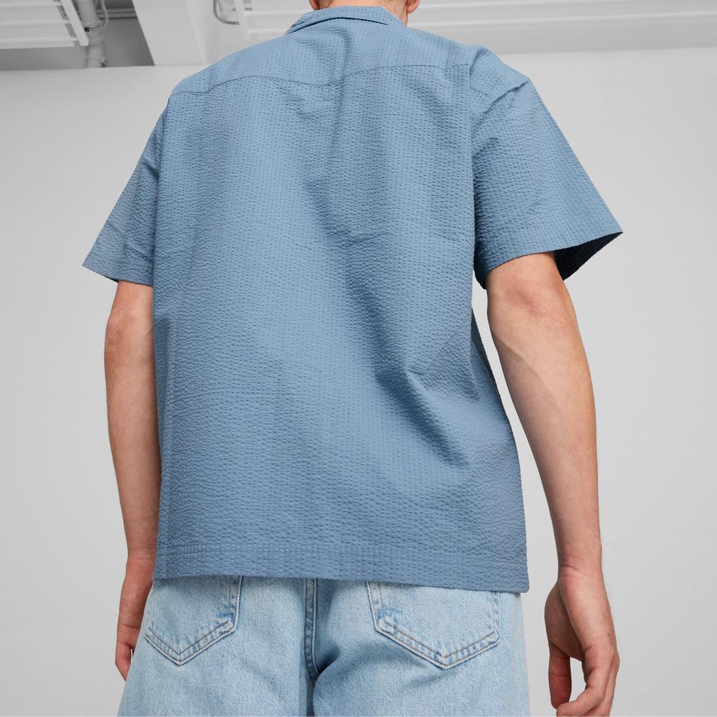 Puma Mmq Series Solid Color Button Minimalist Casual Loose Short Sleeve Shirt Men shirts Zen-Blue 624016-20