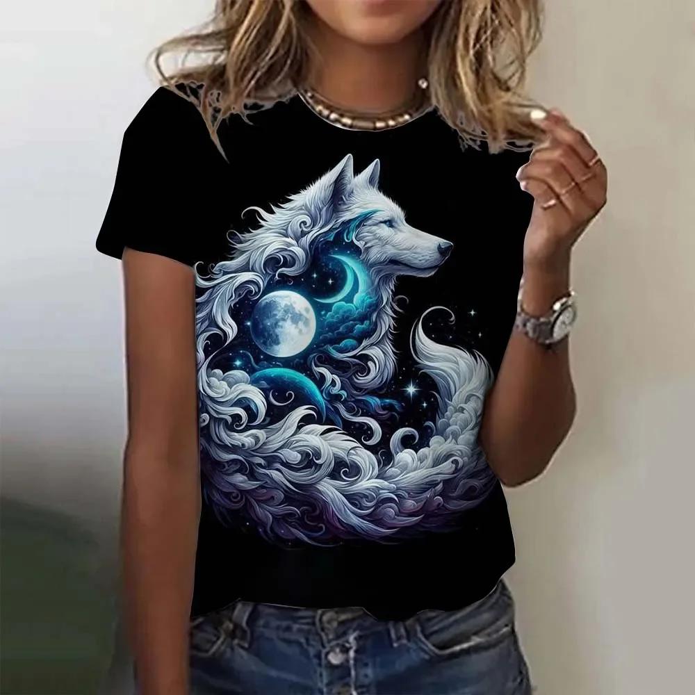 3D printed animal T-shirt women's fun wolf pattern T-shirt summer new Harajuku T-shirt top loose short sleeved clothes