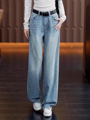 Women's Rhinestone Distressed Denim Wide-Leg Cropped Pants, Spring/Autumn 2026, Light Color.