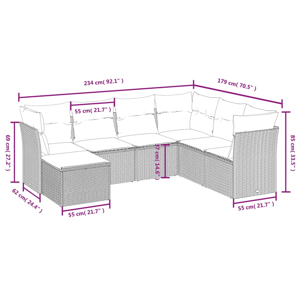 7 piece garden sofa set with cushions light grey poly rattan