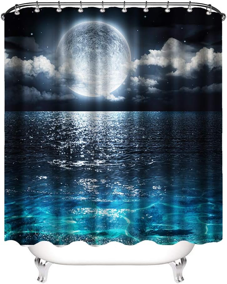 

шторка для душа полная луна океанский пейзаж водонепроницаемая ткань ванная комната декоративная шторка для душа с крючком 180x180см W90xH180cm