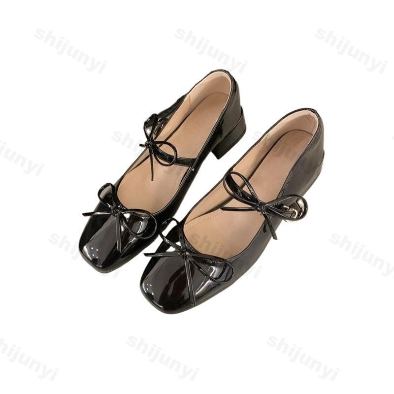 Mode Damen Ballett Mary Jane Schuhe 2025 Sommer Damen Retro Quadratische Zehenpartie Schleife Hohe Absätze Bequeme Lederkleidschuhe Damen Freizeitschuh
