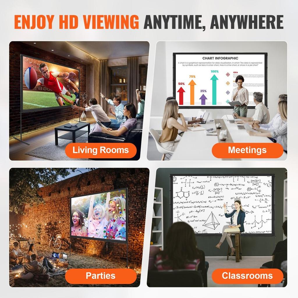 Projector Screen with Stand, 100 inch 16:9 4K 1080 HD Outdoor Movie Screen with Stand, Wrinkle-Free Projection Screen with Bar Feet and Carry Bag, for