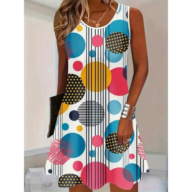 Large Size Women's Dress Fashionable 3D Plaid Print Sleeveless Elastic Round Neck Summer Dress