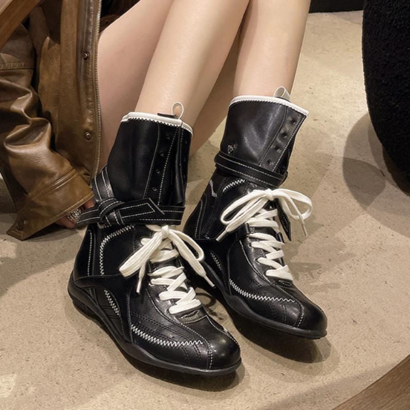 Erhöhende flache Stiefel Damen Western-Cowboystiefel Frühling und Herbst Retro Mattleder Schnürstiefel