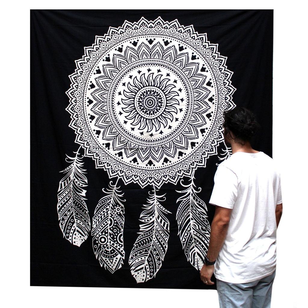 Double Cotton Bedspread Wall Hanging Dreamcatcher Black White