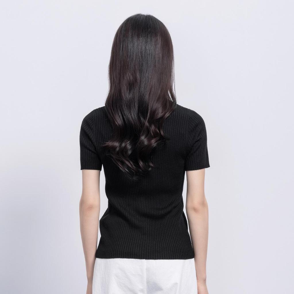 Northern Deer French Gentle Diamond Knit Silk-Cashmere Ribbed Short Sleeve Top