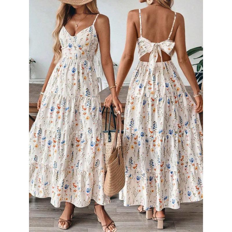 

women s Striped Print Spaghetti Strap Back Tie Tiered Maxi Dress Boho Beach Sundress XL