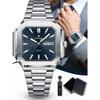 Man Stainless Steel Luxury Square Dial Date Week Quartz Wristwatch, Business Waterproof Luminous Watches For Men