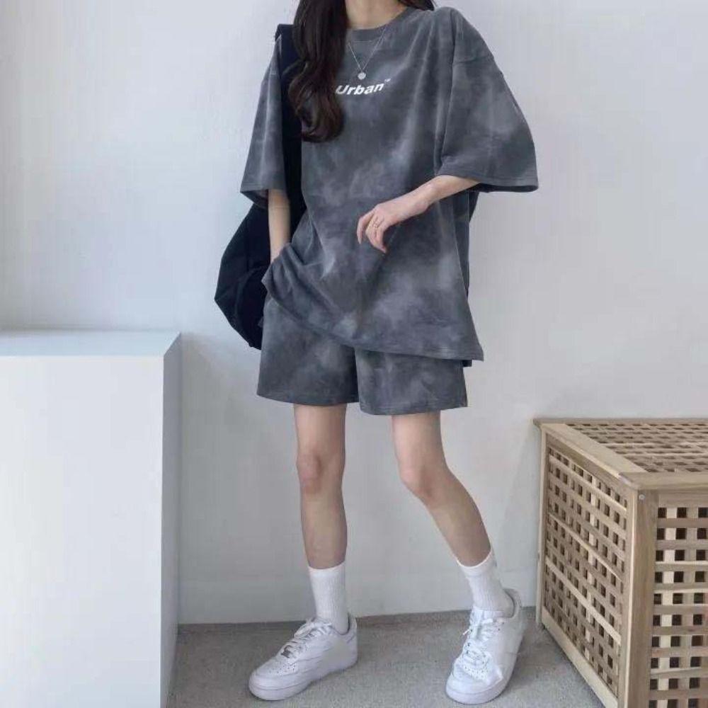 Letter Two-piece Tracksuit Large Size Summer Loose Suit Short Sleeve T-shirt Shorts  Female