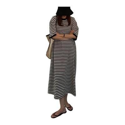 One's One Women's Striped Long 2-Way Short Sleeve T-Shirt Dress, Loose Fit, Body Cover, Slit, Casual Maxi Dress for Spring and Summer