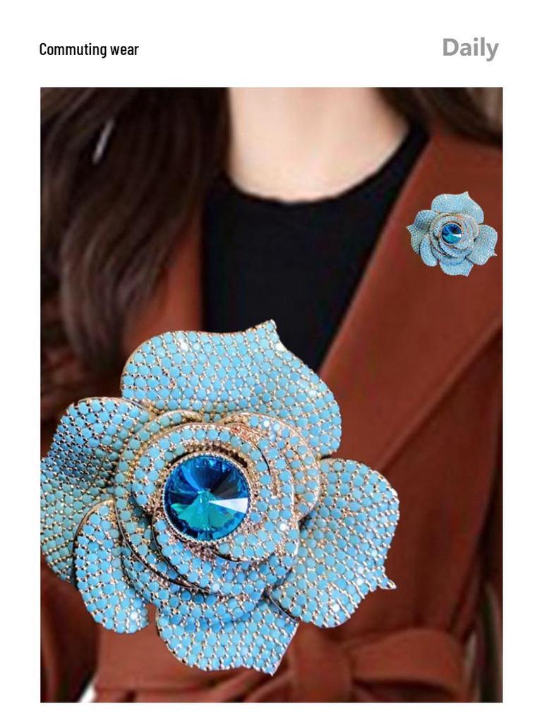 Chinese Camellia Brooch with Turquoise, High-End Corsage Sweater Chain, Women's Fashion Accessory