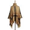 2025 Women's Mid-Length High Neck Fringe Shawl Cape - European American Autumn Winter Color Block Loose Knit Sweater