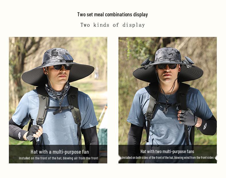 Solar-Powered Wide Brim Fishing Hat with Sunshade, Long-Lasting Battery Fan, and High Wind Power for Men.