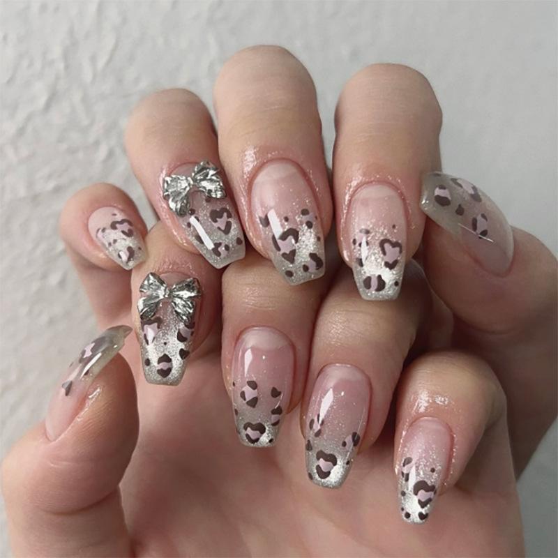 

French leopard print gradual change short ladder wear nail nail piece manicure hot-selling cat eye flash nail piece nail sticker