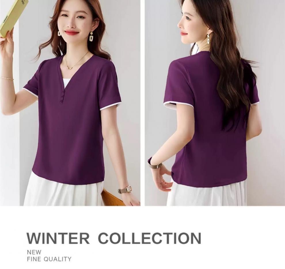 V-Neck Short-Sleeve T-Shirt for Women: Stylish Summer Loose Fit, Perfect for Middle-Aged Moms