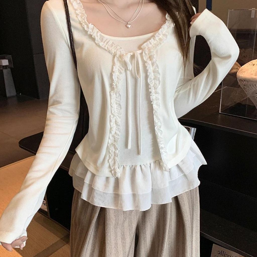 Women's Chic Slimming V-Neck Lace-Up White T-Shirt - Autumn 2025