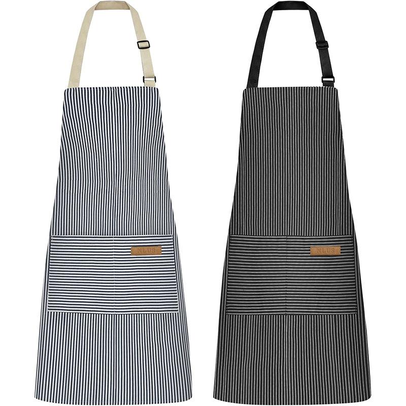 2‑Pack Stain‑Resistant Striped Sleeveless Aprons, Polyester Work Apron Set with Front Pockets for Home Kitchen & Catering
