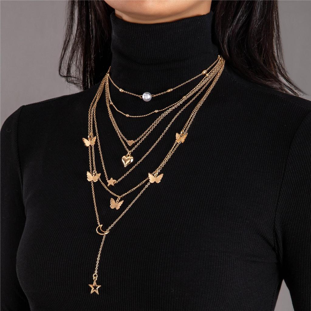 Accessories, Creative Retro Multi-layer Butterfly Fringed Pendant Necklace, Moon Peach Heart Stacked Collarbone Chain