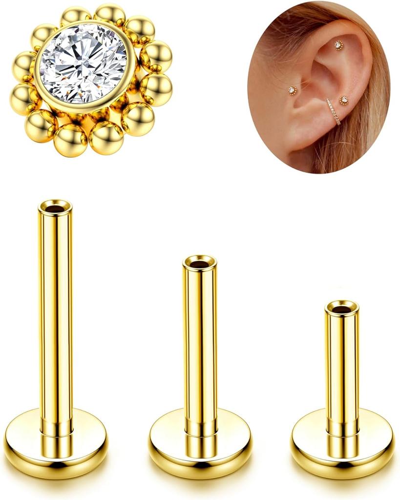 Bobisty G23 Titanium Tragus Conch Helix Piercing Jewelry 6mm 8mm 10mm Internally Threaded Flat Back Stud Earrings Tragus Jewel