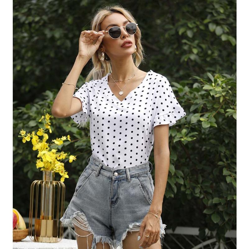 Women's Summer Polka Dot V-Neck Short Sleeve T-Shirt Top