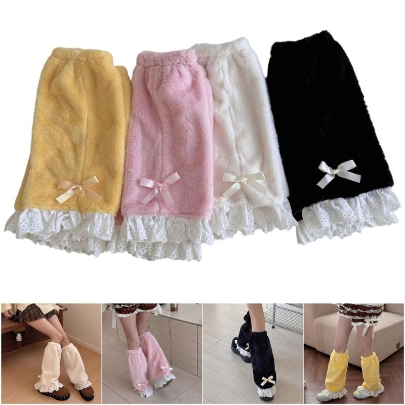 Elegant Ruffle Lace Trimmed Leg Sleeves Fleece Plush Cold Weather Essential Leg Warmers For Women's Fashion Long Socks