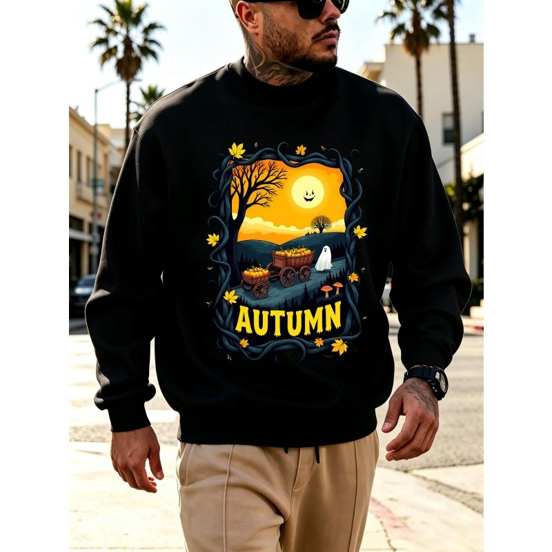 Men's Graphic Print Crew Neck Sweatshirt, Vintage Autumn Streetwear Pattern, Halloween Pattern, Smiling/Moon/Pumpkin, Loose Fit Cut,