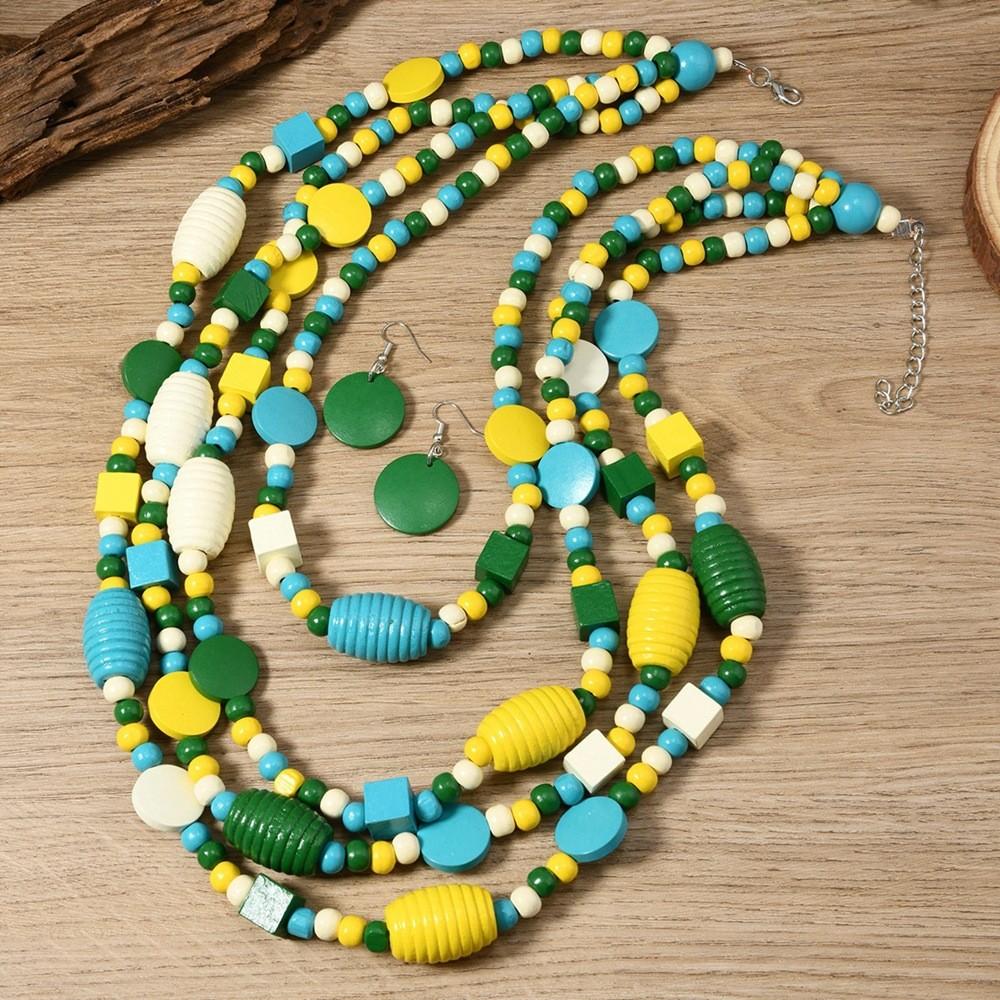 Bohemian Colorful Multilayer Wooden Beaded Necklace With Geometric Design For Women