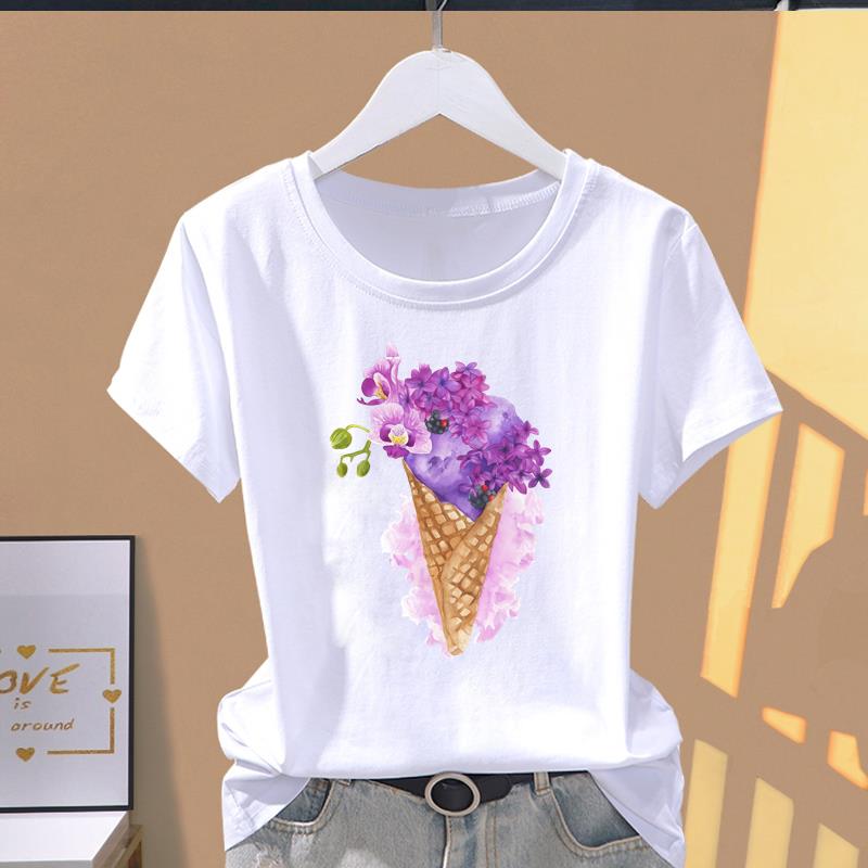 (Asian Size) lovely plant trend Graphic Female Top Women's Clothing T O-neck Tee Fashion Print Casual Short Sleeve T-shirts