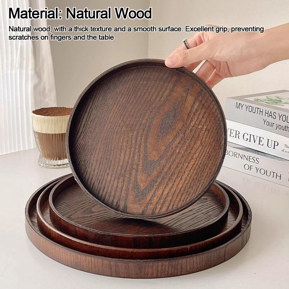 Vintage Round Serving Tray Wooden 21/24/27/30/33cm Decorative Tray Food Bread Pan Coffee Home Table
