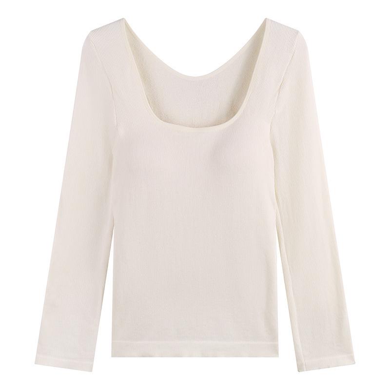 Korean Long Sleeve Fleece-Lined Slim Fit Square Neck Undershirt for Women