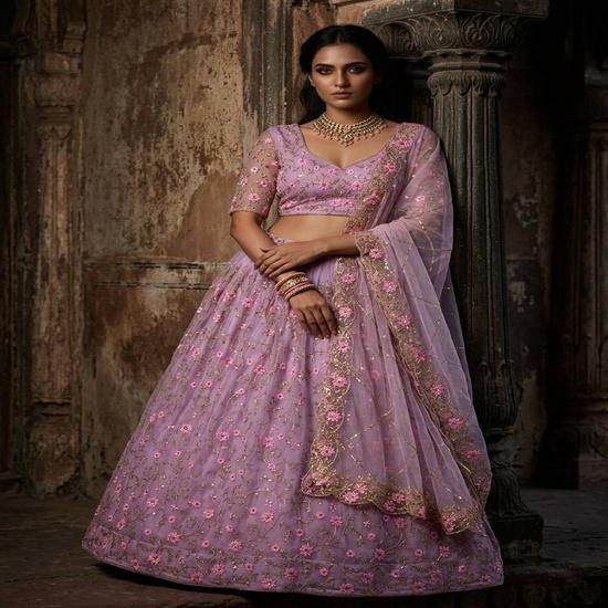 Women s Lavender Soft Butterfly Net Embroidered Semi-Stitched Lehenga Choli Set with Sequins Work & Dupatta FREE SIZE розовый