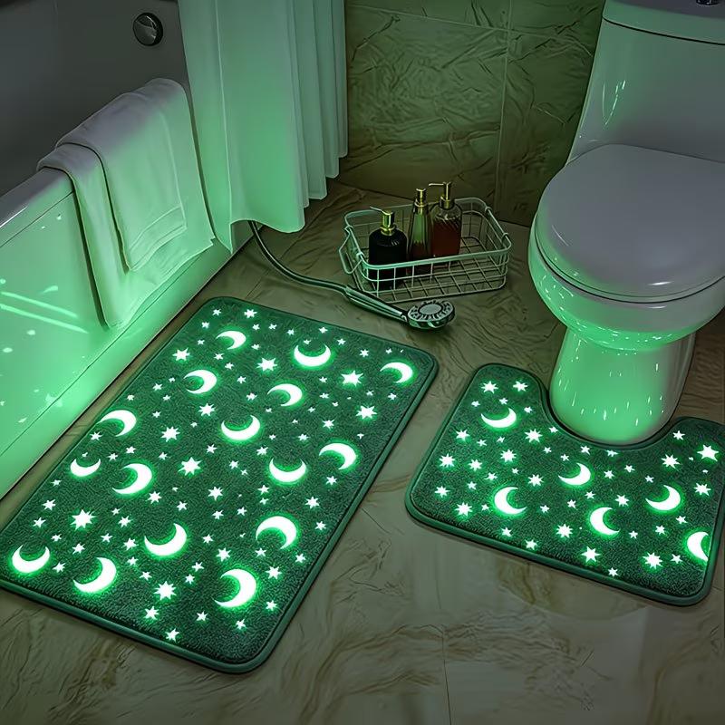 Luminous Star Moon Bath Mat Set, Glow In Dark Non-Slip Water Absorbing Bathroom Rug 2-Pack, Soft Flannel Toilet Floor Mats for Home Decor