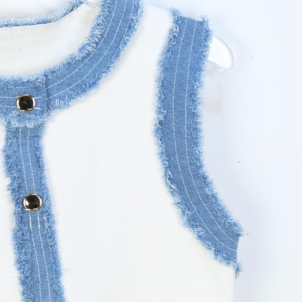 2025 Spring/Summer Elegant Sleeveless Denim Patchwork Dress with Pleated Hem