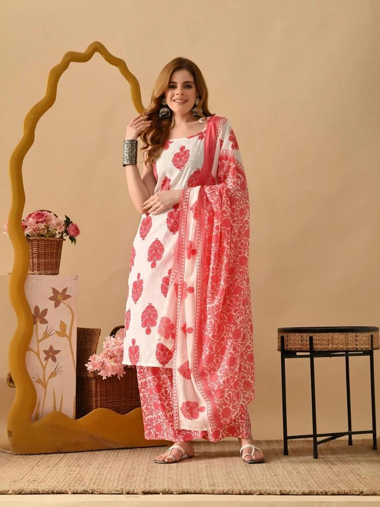 Beautiful Printed Cotton Rayon Kurta Set Pakisatni Top Kurti Palazzo Dupatta Set