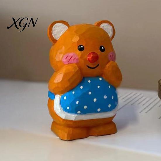 Cute Bear Desktop Decoration Hand-Carved Basswood Ornament, Apron Wood Decorative Figurine, Car Interior Accessory Statue for Shelf And Home